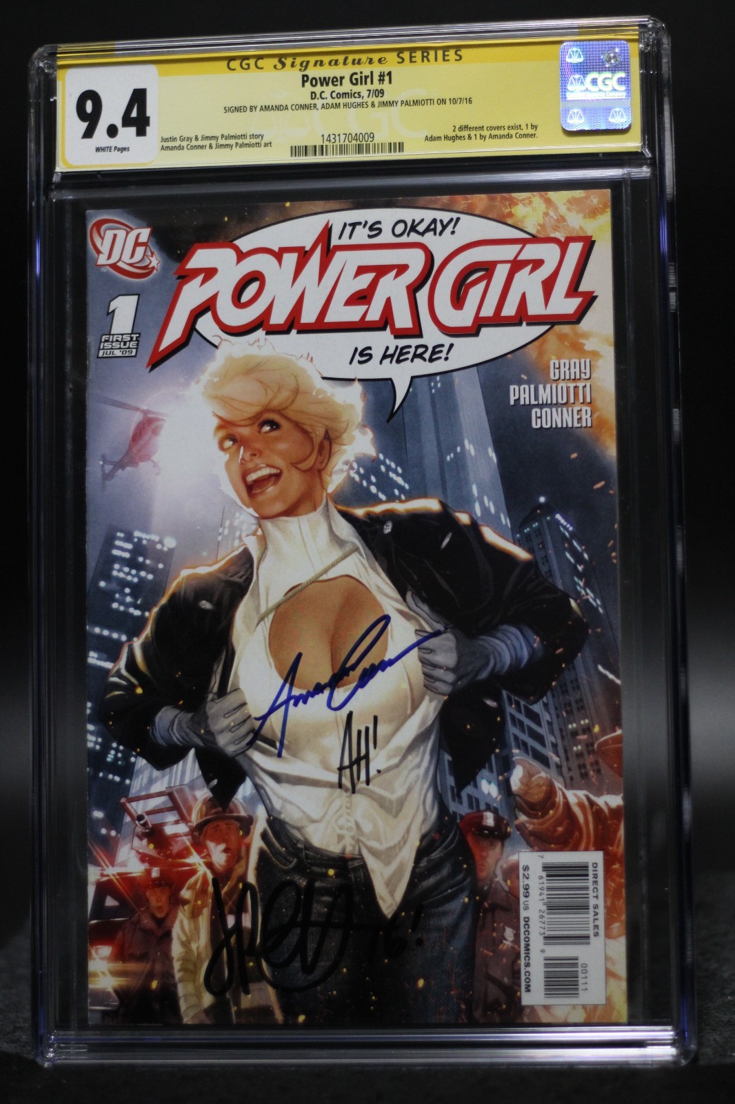 Powergirl (2009) #1 Signed x3 Adam Hughes Cover Variant CGC SS 9.4 White Pages