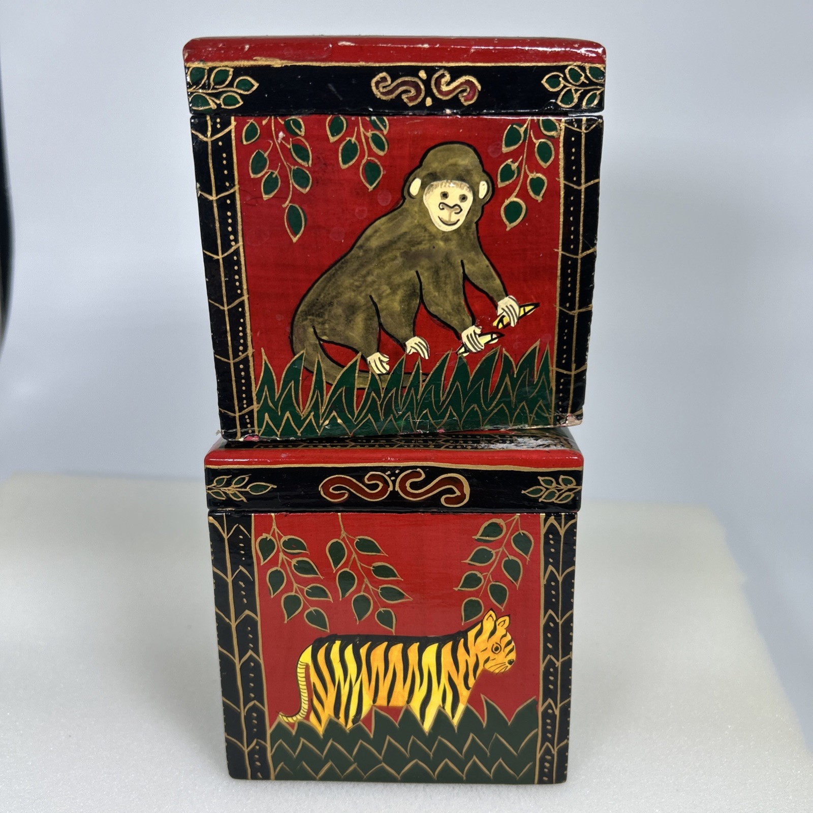 Vtg Foreside Company Hand Painted Ornaments with Boxes Monkey and Tiger Set of 2 Vtg Foreside Company Hand Painted Ornaments with Boxes Monkey and Tiger Set of 2
