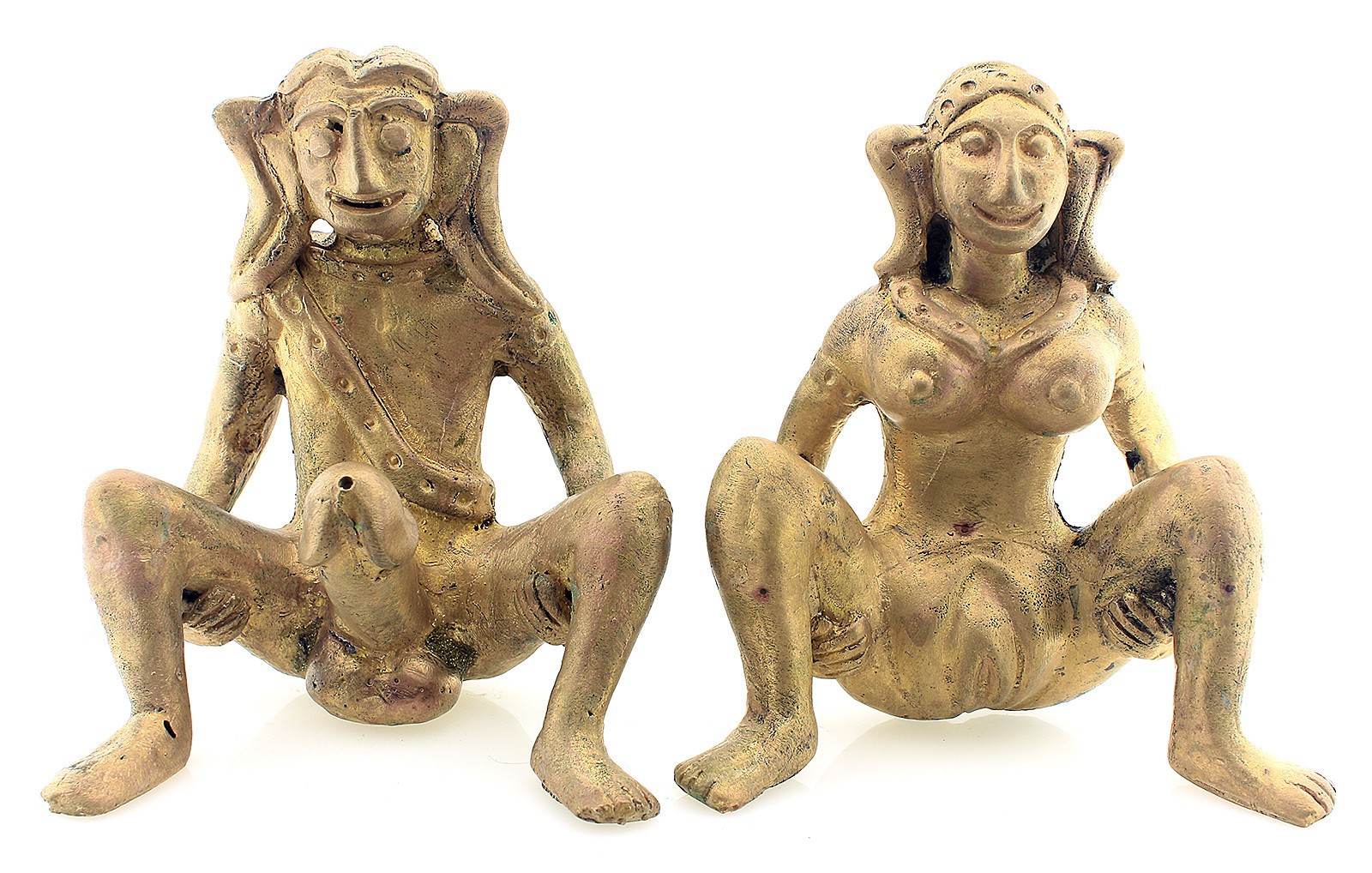 Vintage Khmer Bronze Fertility Figures Pair Male Female Tribal SE Asia Ornaments