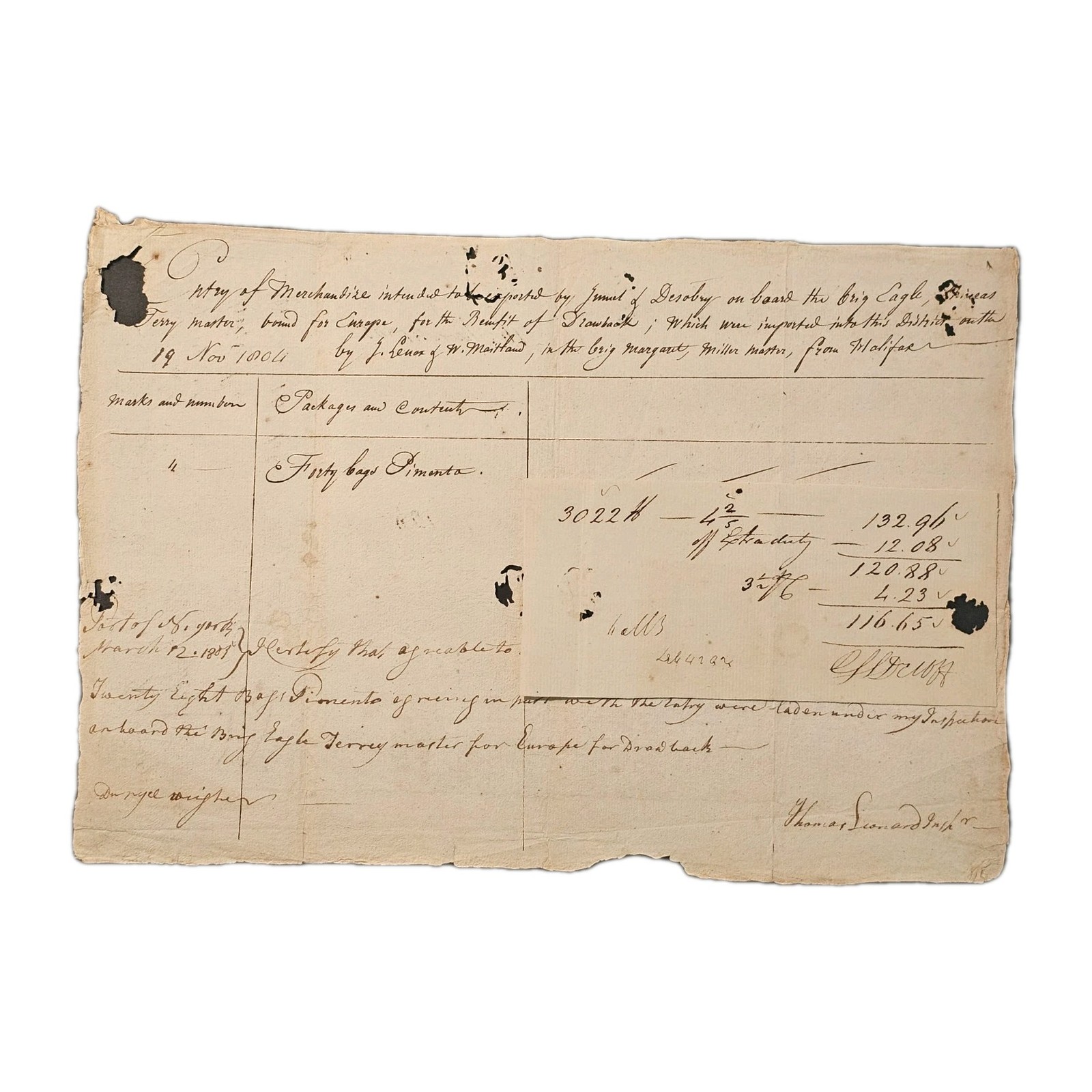 1805 Port Of NY Customs Drawback Doc – Lenox & Maitland, Jamaica Pimento Trade