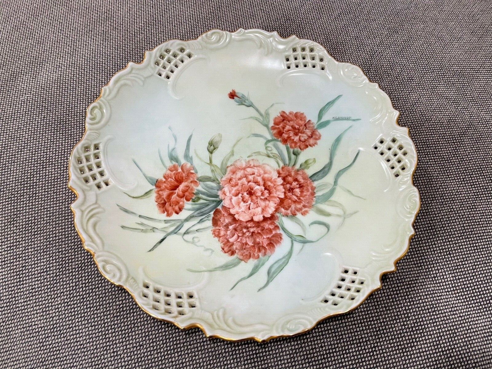 Antique Pierced Porcelain Cabinet Plate w/ Red Flowers Signed K. Connor Antique Pierced Porcelain Cabinet Plate w/ Red Flowers Signed K. Connor