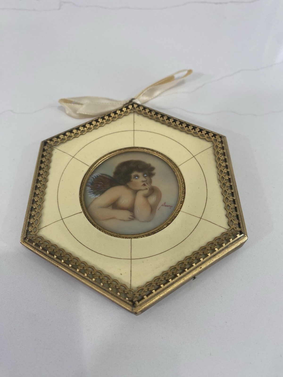 Antique Italian Grand Tour Miniature Portrait Plaque Cherub Raphael Bubble Glass