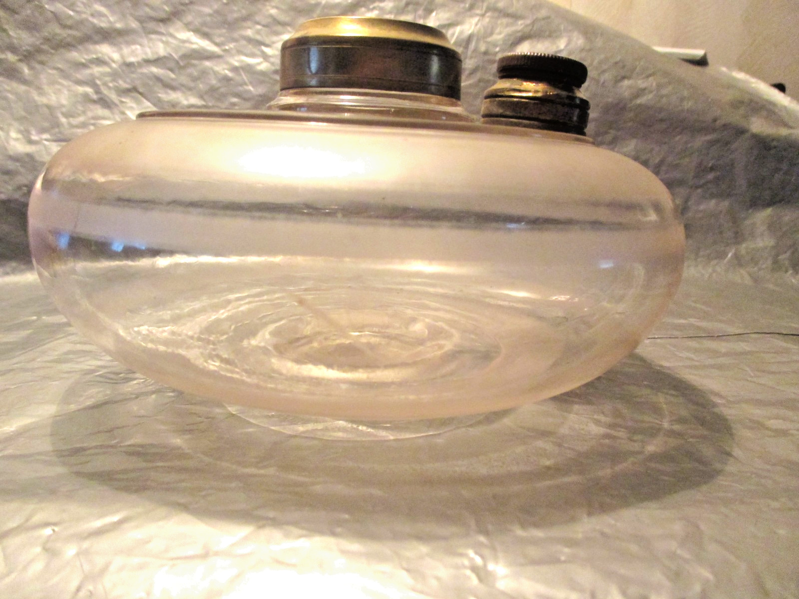 ANTIQUE~~H.T.F. CLEAR & FROSTED BUTTON BOTTOM OIL LAMP FONT 1878 ANTIQUE~~H.T.F. CLEAR & FROSTED BUTTON BOTTOM OIL LAMP FONT 1878