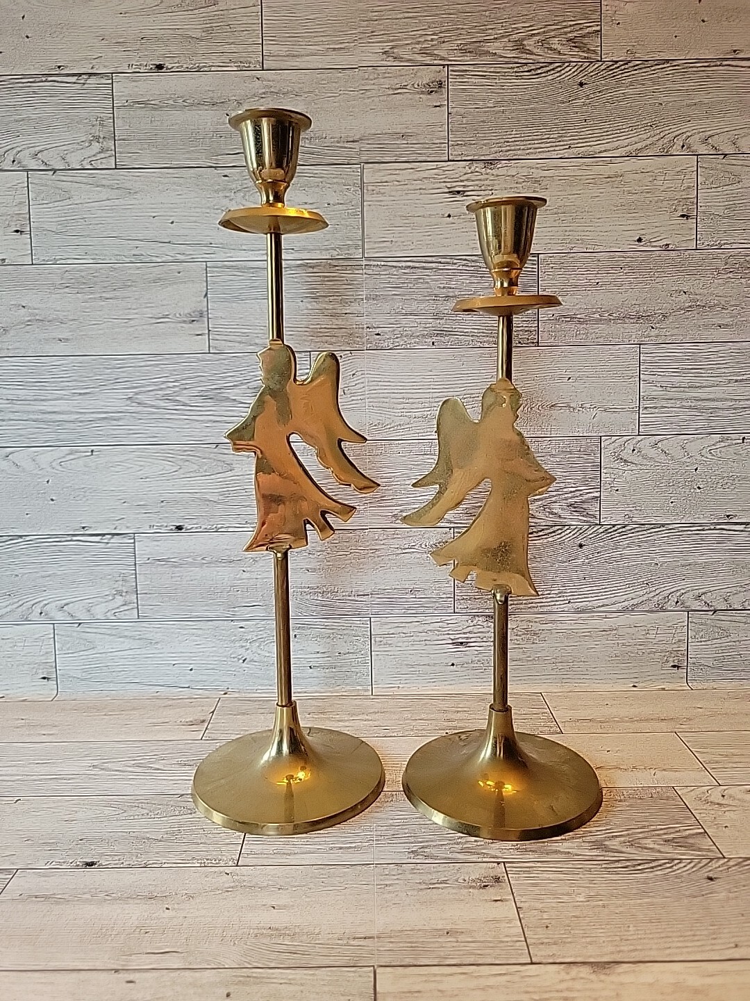 Brass Angel Silhouette VTG Tall Graduating Candle Holders Taper Candlesticks Set