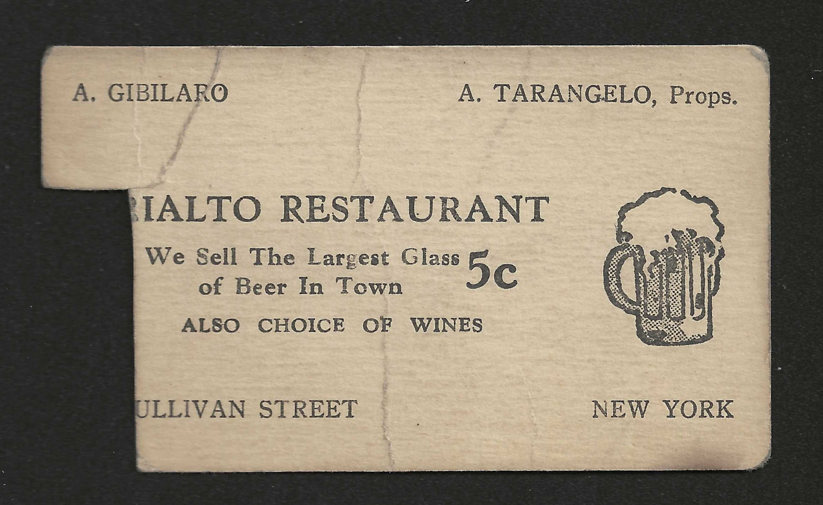 Vtg 1930s Rialto Restaurant Greenwich Village NYC Card 5c Glass Of Beer Bar Vtg 1930s Rialto Restaurant Greenwich Village NYC Card 5c Glass Of Beer Bar
