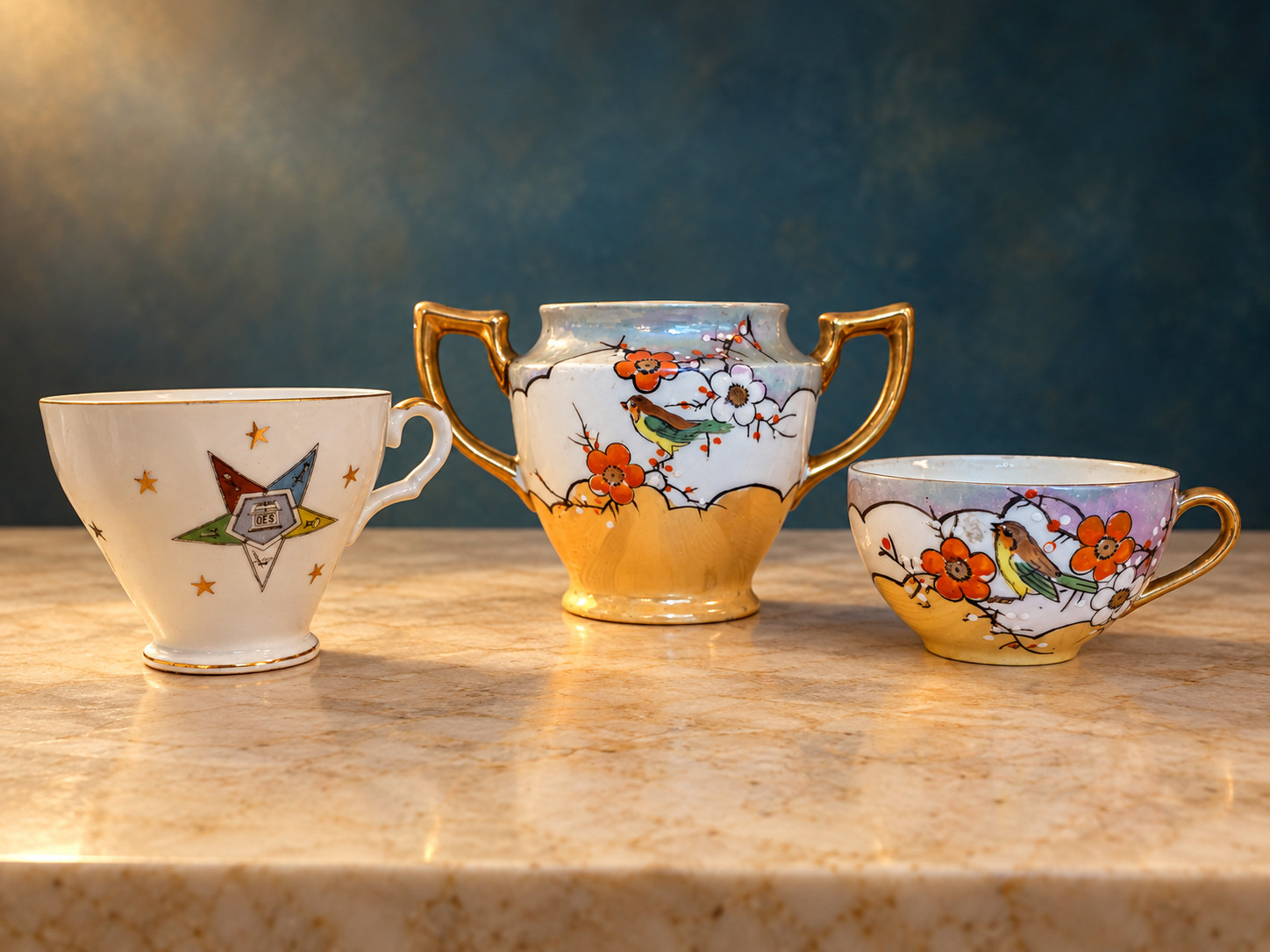 Vintage Japan Lusterware Bird Cup Sugar Bowl Lefton Eastern Star Cup 3 Pc Lot