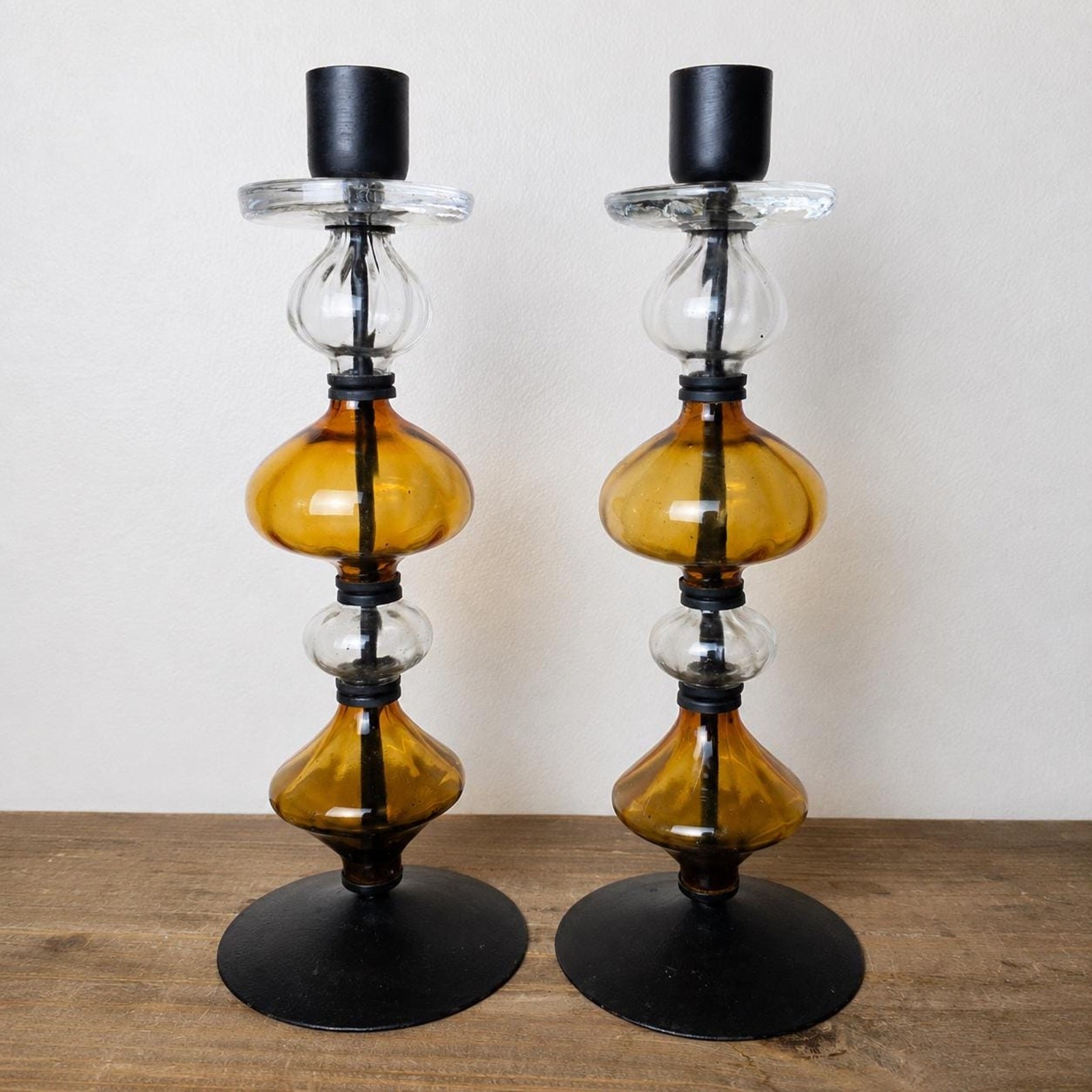 Vintage Erik Höglund Boda Amber Glass Candlesticks Pair, Swedish MCM