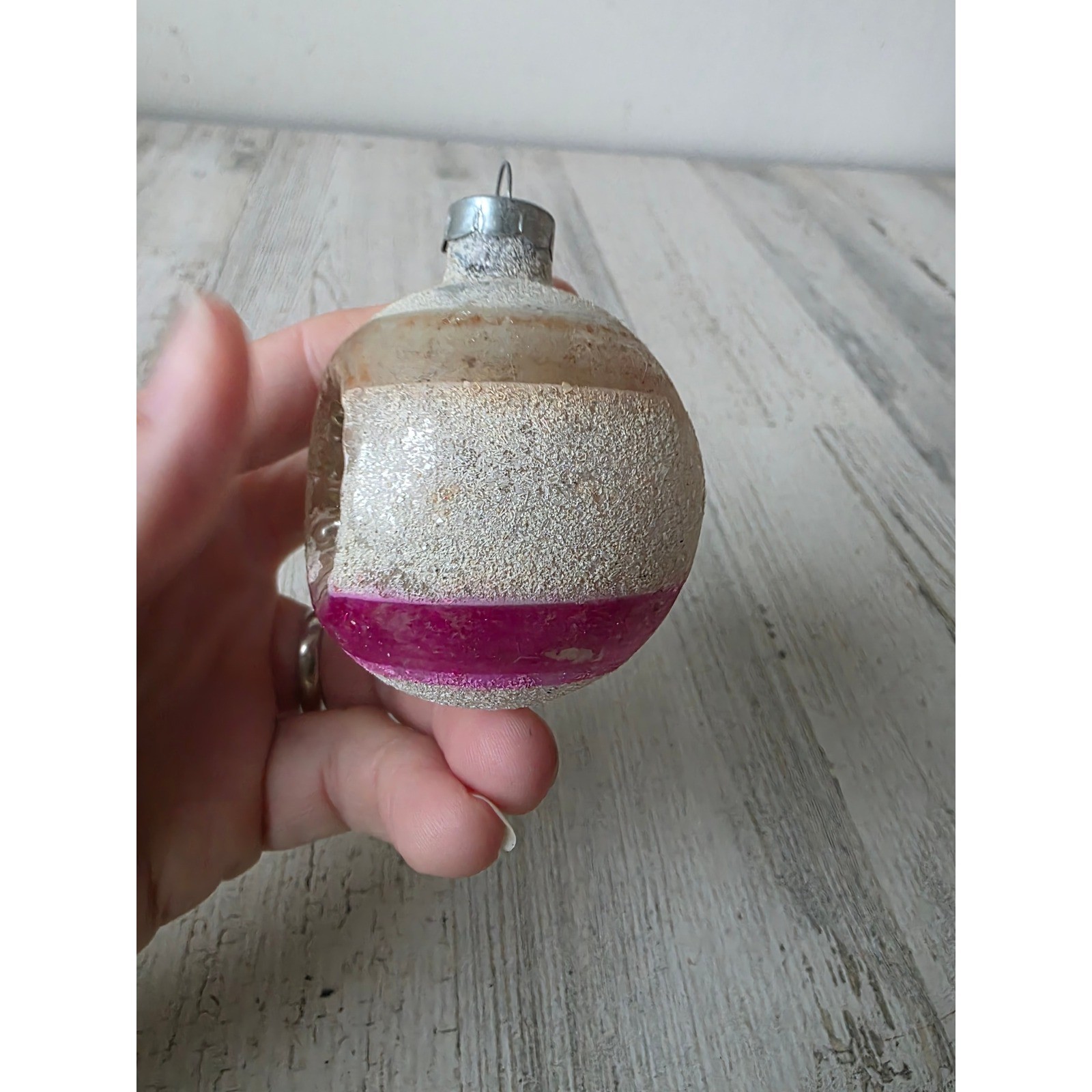 Vintage double indent striped Micah Pink Gold glass ornament Xmas tree