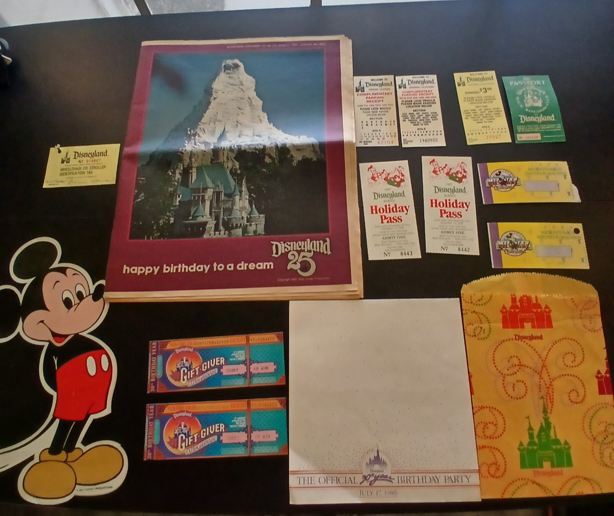 Vintage 1980s Disneyland collection Anniversary Newspaper, stubs, sticker Vintage 1980s Disneyland collection Anniversary Newspaper, stubs, sticker