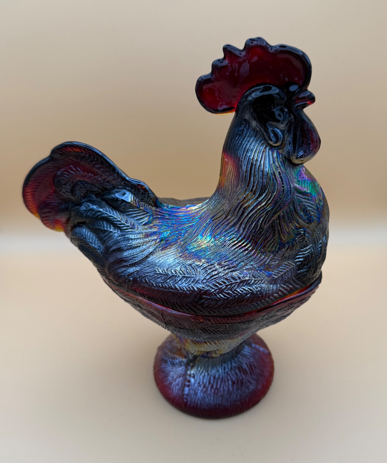 Vintage Red Amberina Carnival Glass Rooster on Nest 9”