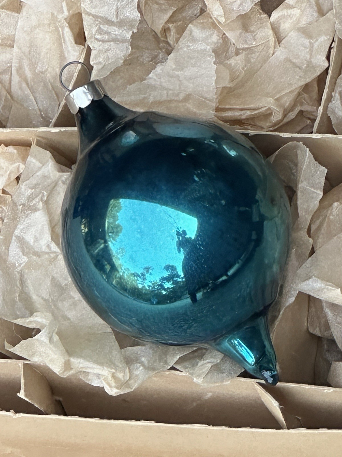 Vintage Heim Made In US Of A Blue Drop Glass Christmas Ornament, 3.75 In