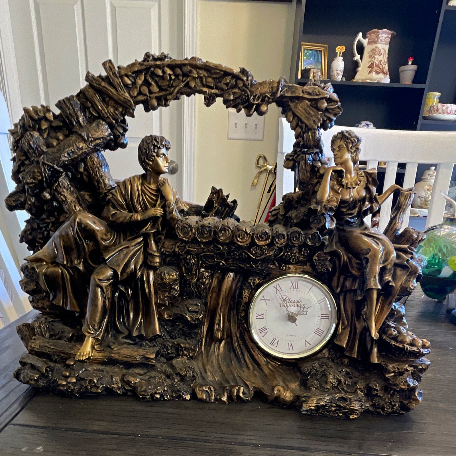 Vtg Large Gold European Victorian Mantle Clock Courting Couple Garden 15x11\