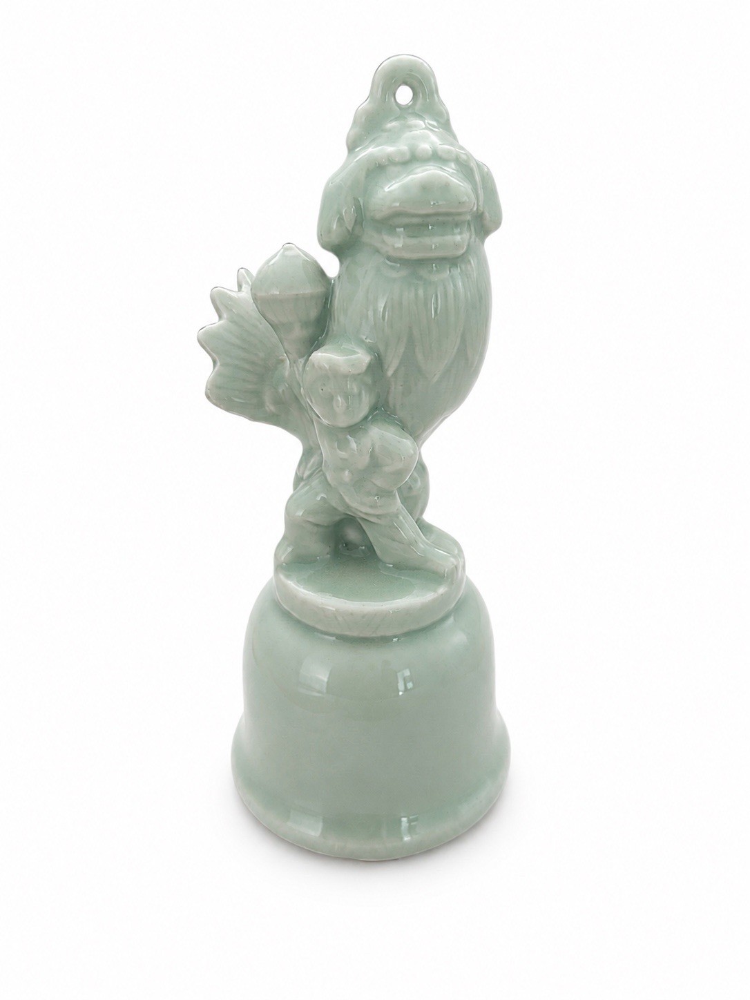 Vtg. Chinese  Celadon/Greenware Green Foo Dog - Bell - Prosperity