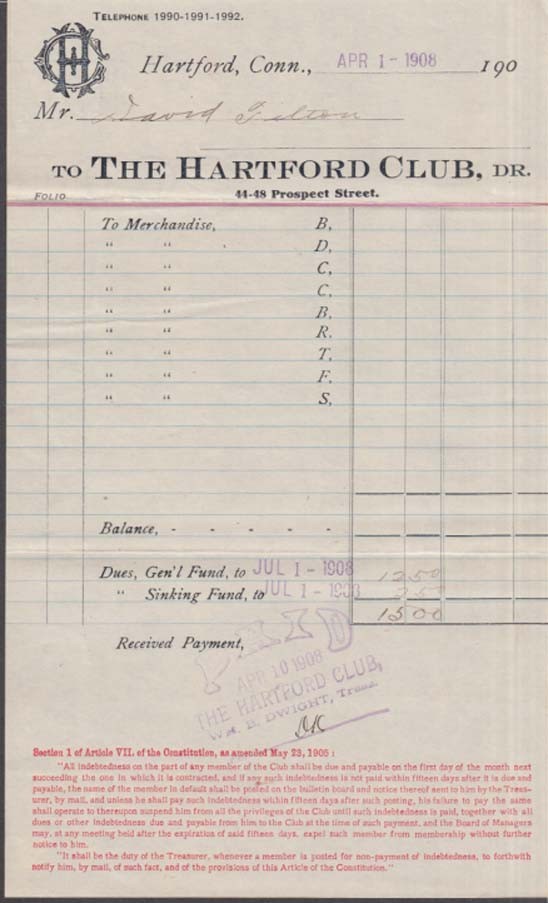 The Hartford Club Member\'s PAID receipt 7/1 1908 Hartford CT