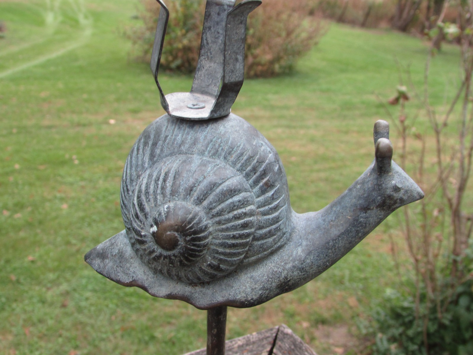 Vintage Cast BRONZE SNAIL Outdoor RAIN GAUGE with SPIKE but missing GLASS TUBE 