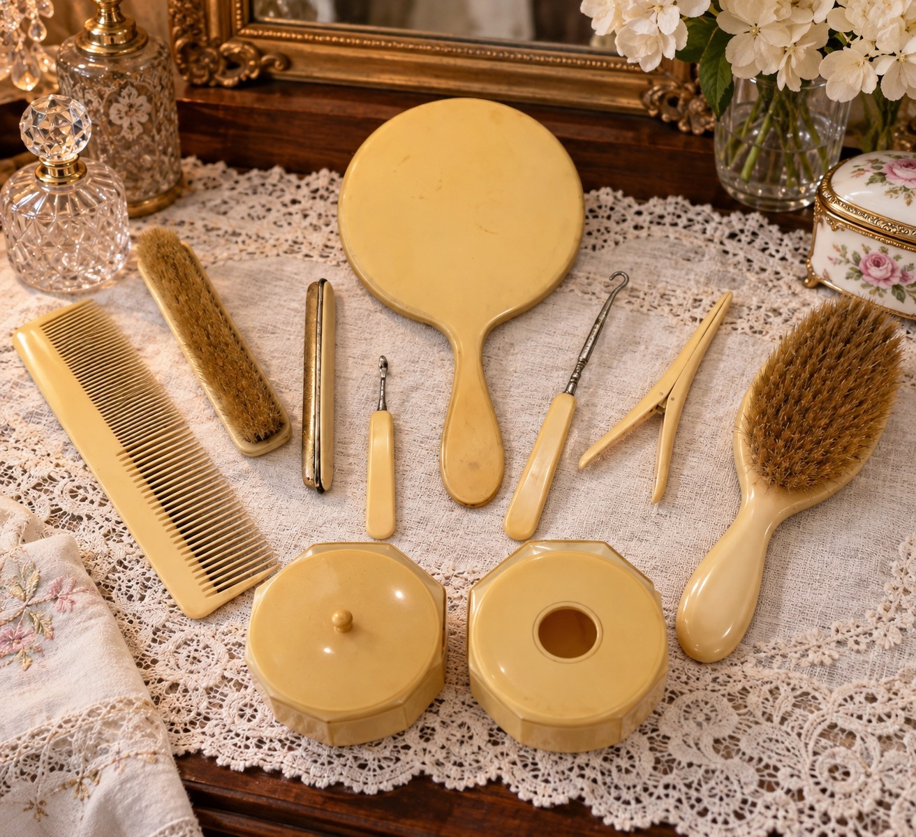 10-Piece Vintage Celluloid Vanity Set | Ivory Dressing Table Set | Romantic...