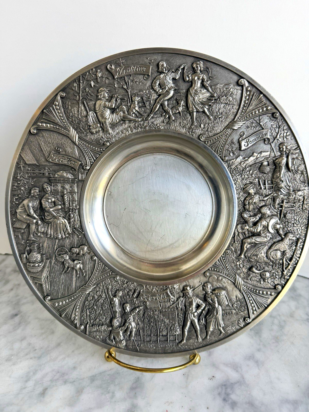 Vintage BMF Zinn 95% Pewter Four Seasons Wall Hanging Plate Relief German 9.5\