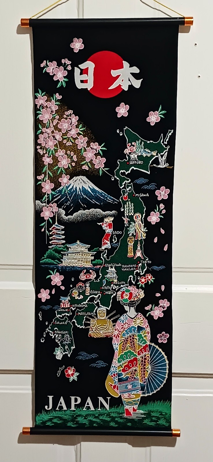 Vintage Painted Velvet Wall Hanging Souvenir Japan MCM