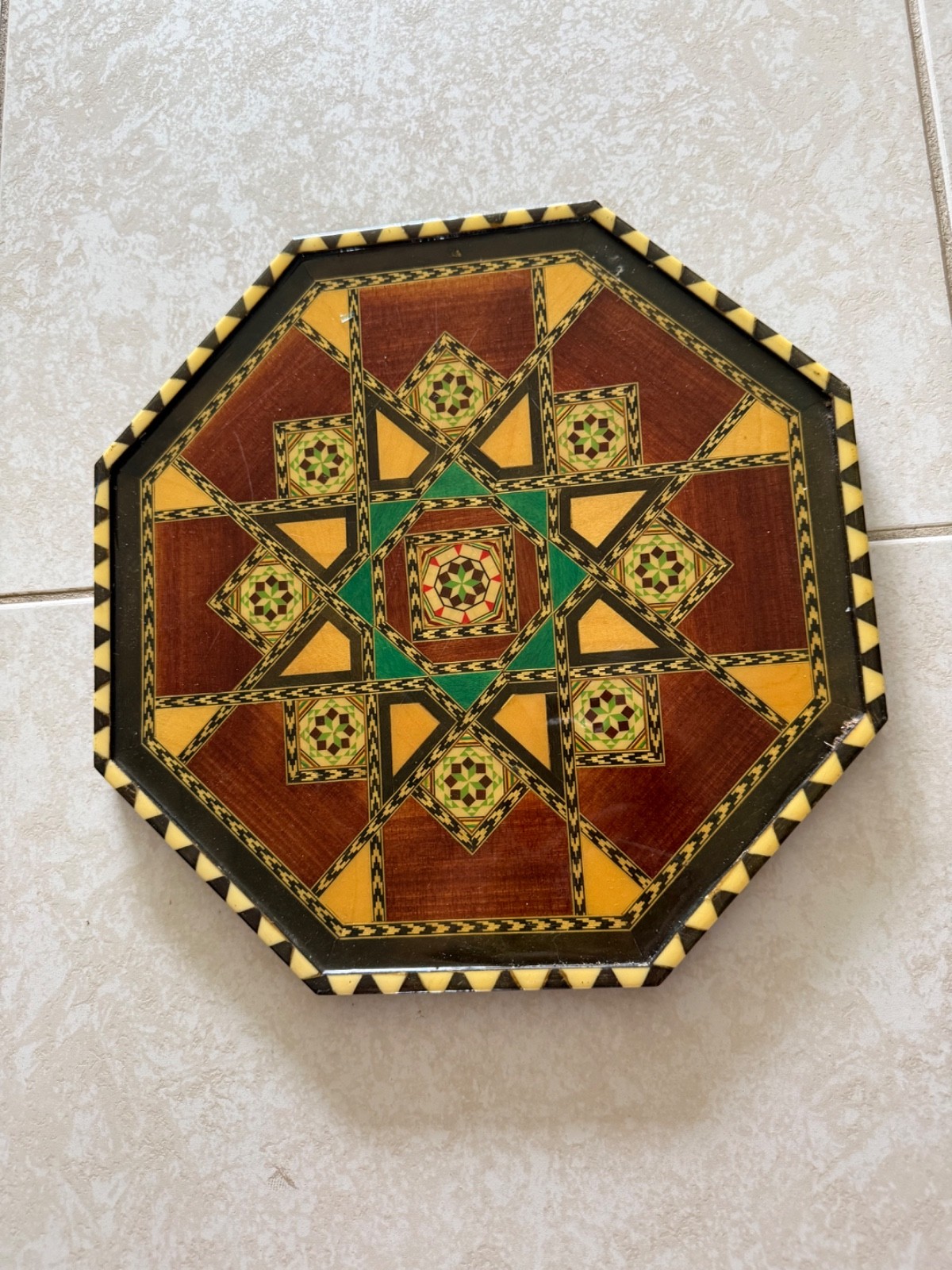 Vintage Moroccan Inlaid Wood Lacquered Octagonal Serving Tray 13\ Vintage Moroccan Inlaid Wood Lacquered Octagonal Serving Tray 13\