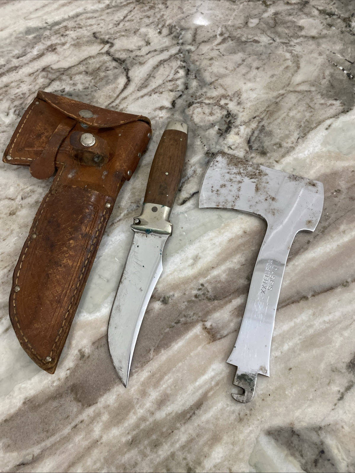 Vtg. Case Tested XX Knife w/Case XX Hatchet Set Leather Sheath Walnut Handle