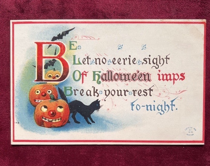Antique 1910 Halloween Postcard~Embossed JOL~Bats~Black Cat~Bright Color Antique 1910 Halloween Postcard~Embossed JOL~Bats~Black Cat~Bright Color
