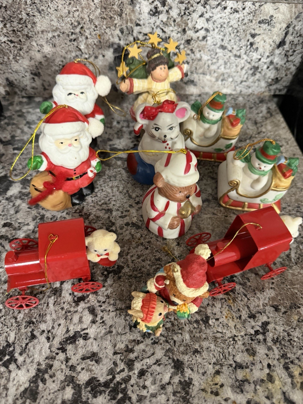 Vintage Metal Christmas Ornament Figures Lot of 10 Bells Santa Mouse Angel Trn