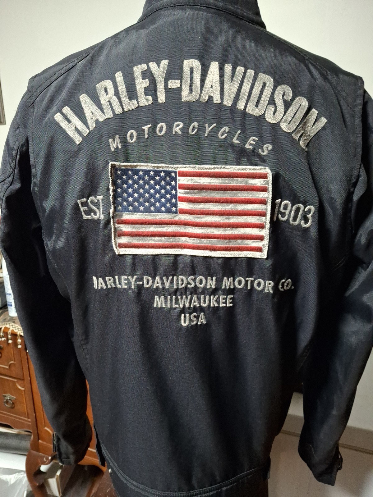 Harley-Davidson Colton Moto Jacket Men\'s L Black Canvas American Flag Patch EUC