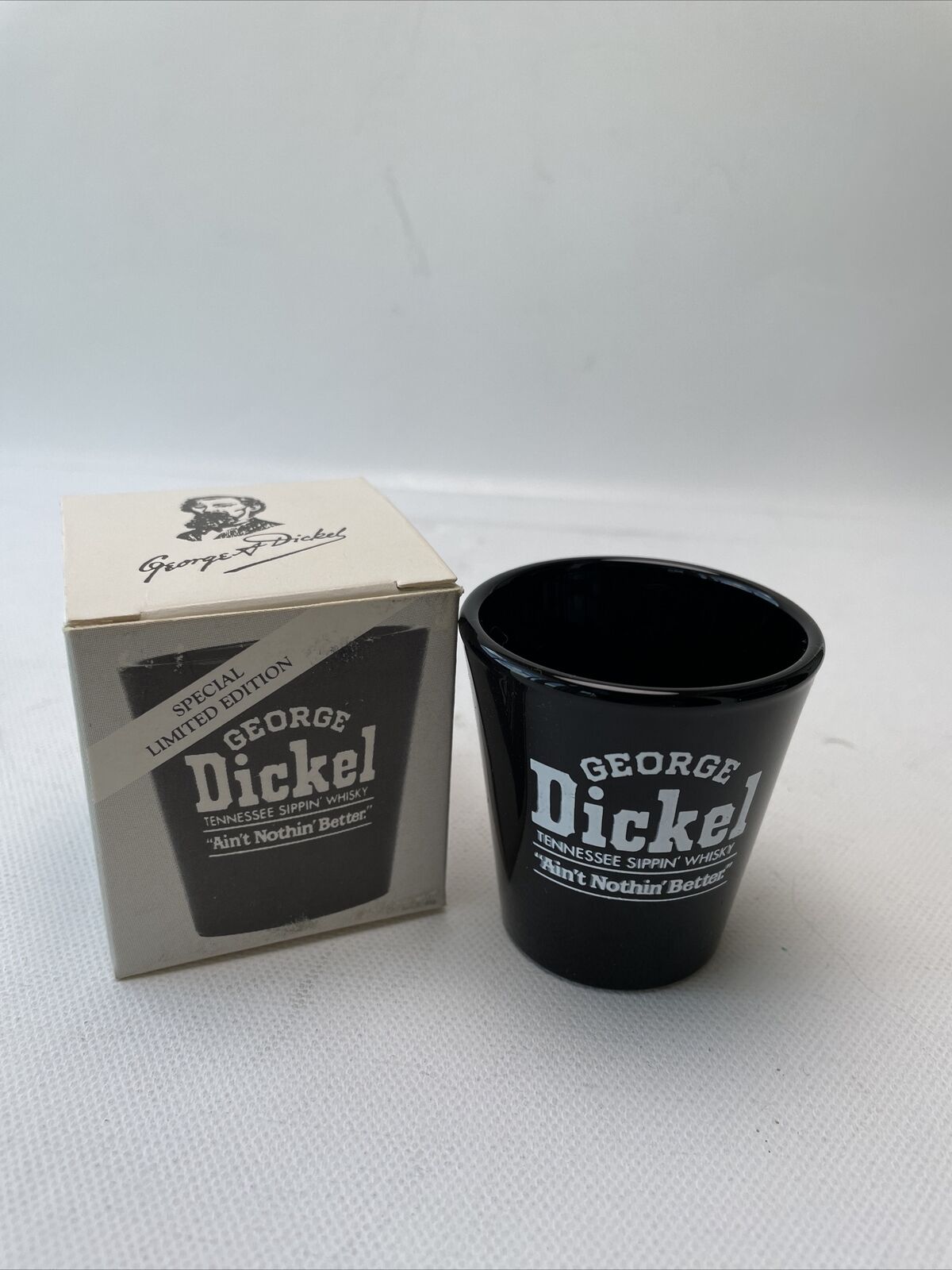 George Dickel Tennessee Sippin’ BLACK WHISKY SHOT GLASS. New in Box Vintage