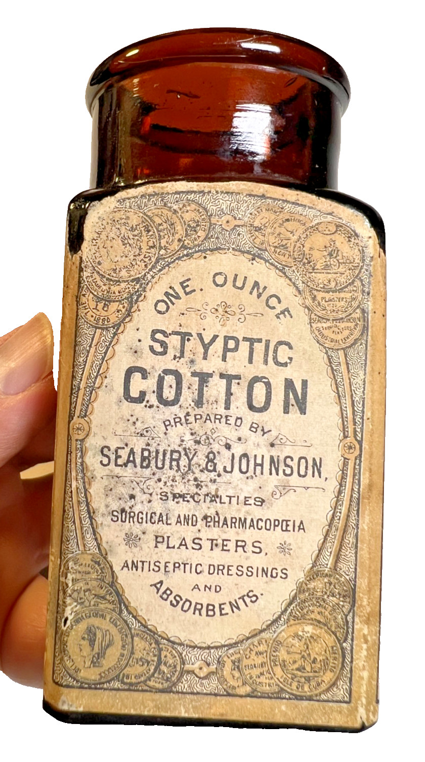 c1895 Seabury & Johnson Styptic Cotton Bottle Original Label Medical Antique