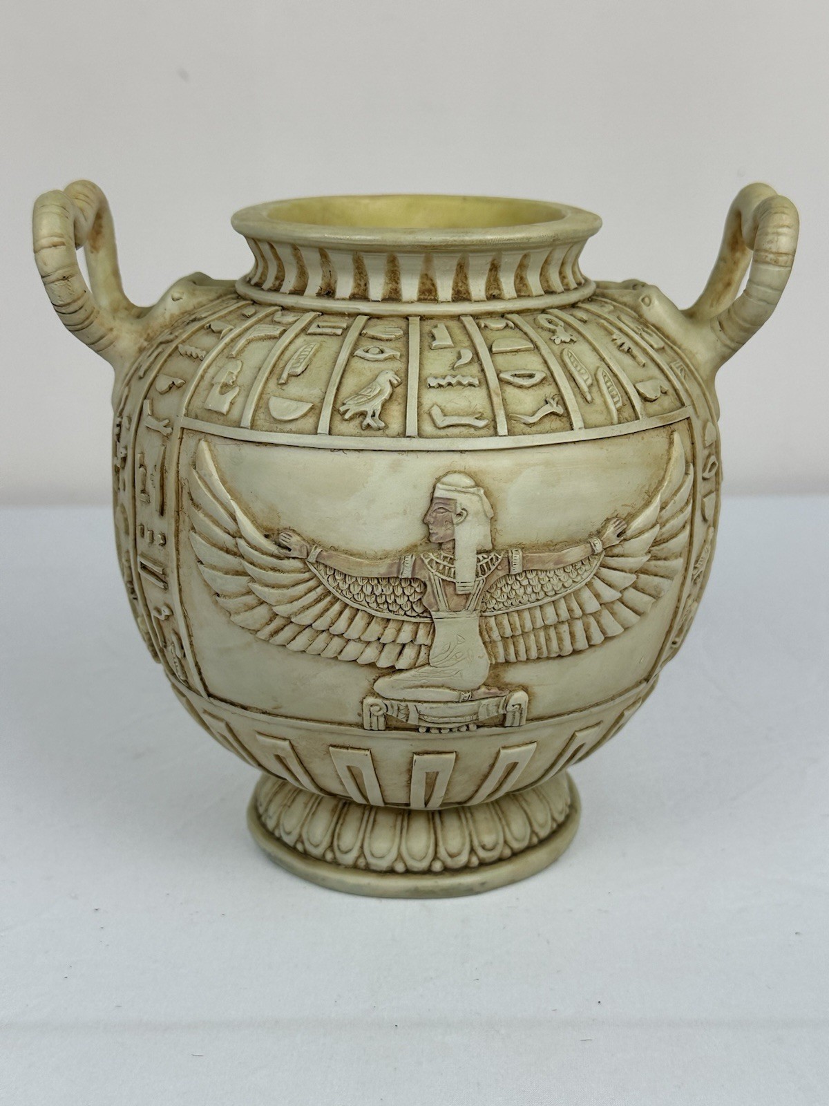 Egyptian Revival Hieroglyphic Urn Vase Winged Goddess Ram Handles 7” Egyptian Revival Hieroglyphic Urn Vase Winged Goddess Ram Handles 7”