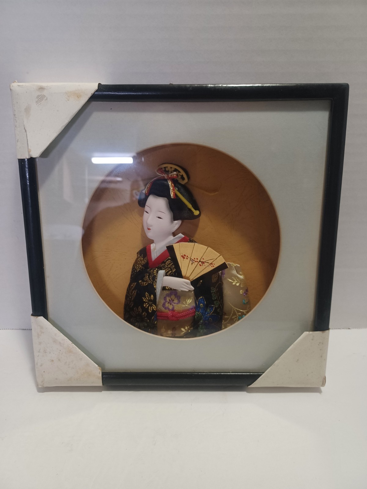 Vintage Porcelain Fabric Japanese Geisha Shadow Box Artwork 