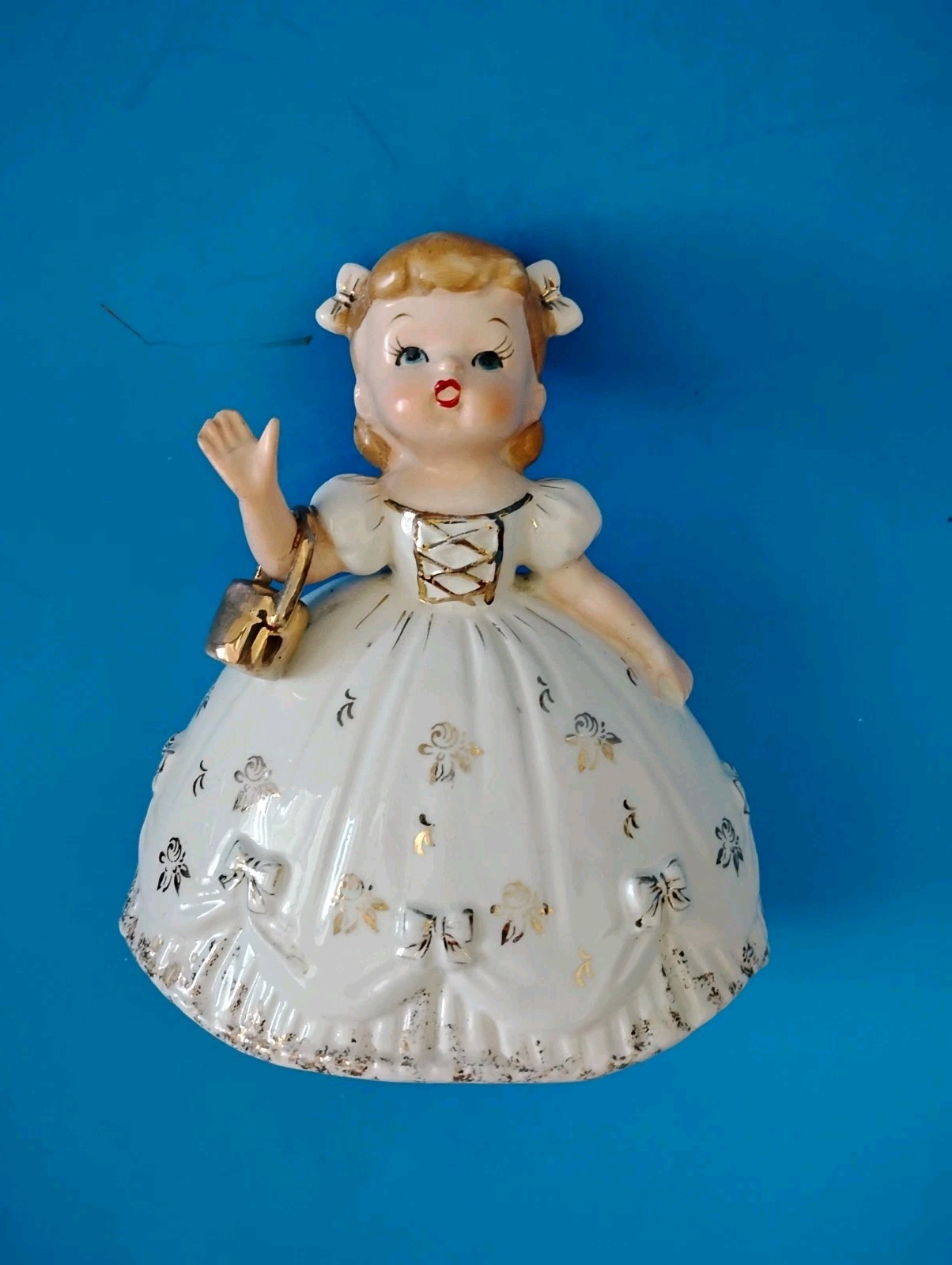 VTG UCAGCO LADY FIGURINE CERAMIC PLANTER SOUTHERN BELLE HOOP SKIRT WHITE & GOLD