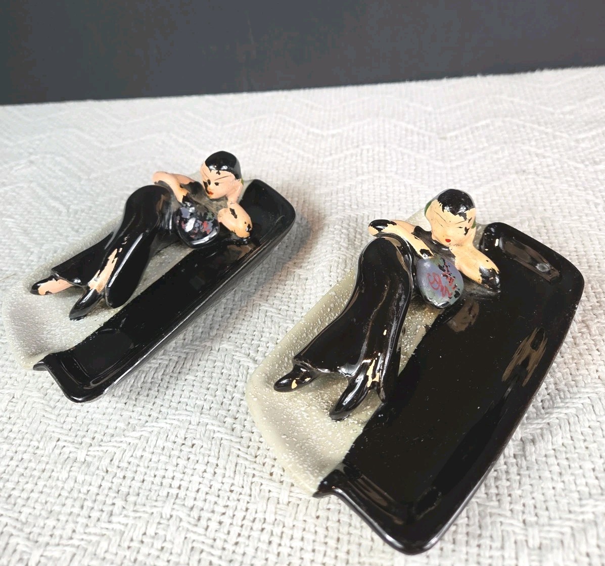 Vtg Art Deco Reclining Lady Ceramic Ashtrays Trinket Dishes MCM Japan Pair of 2 Vtg Art Deco Reclining Lady Ceramic Ashtrays Trinket Dishes MCM Japan Pair of 2