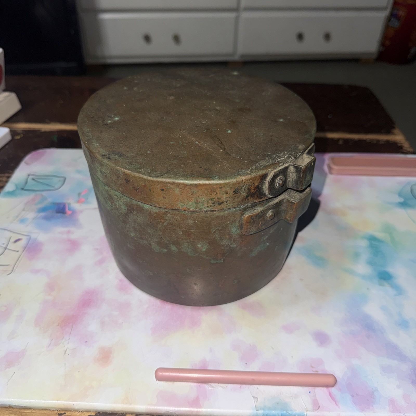 (RARE) VTG EARLY COPPER LIDDED POT HAND HAMMERED (READ) AMERICAN FRONTIER ERA