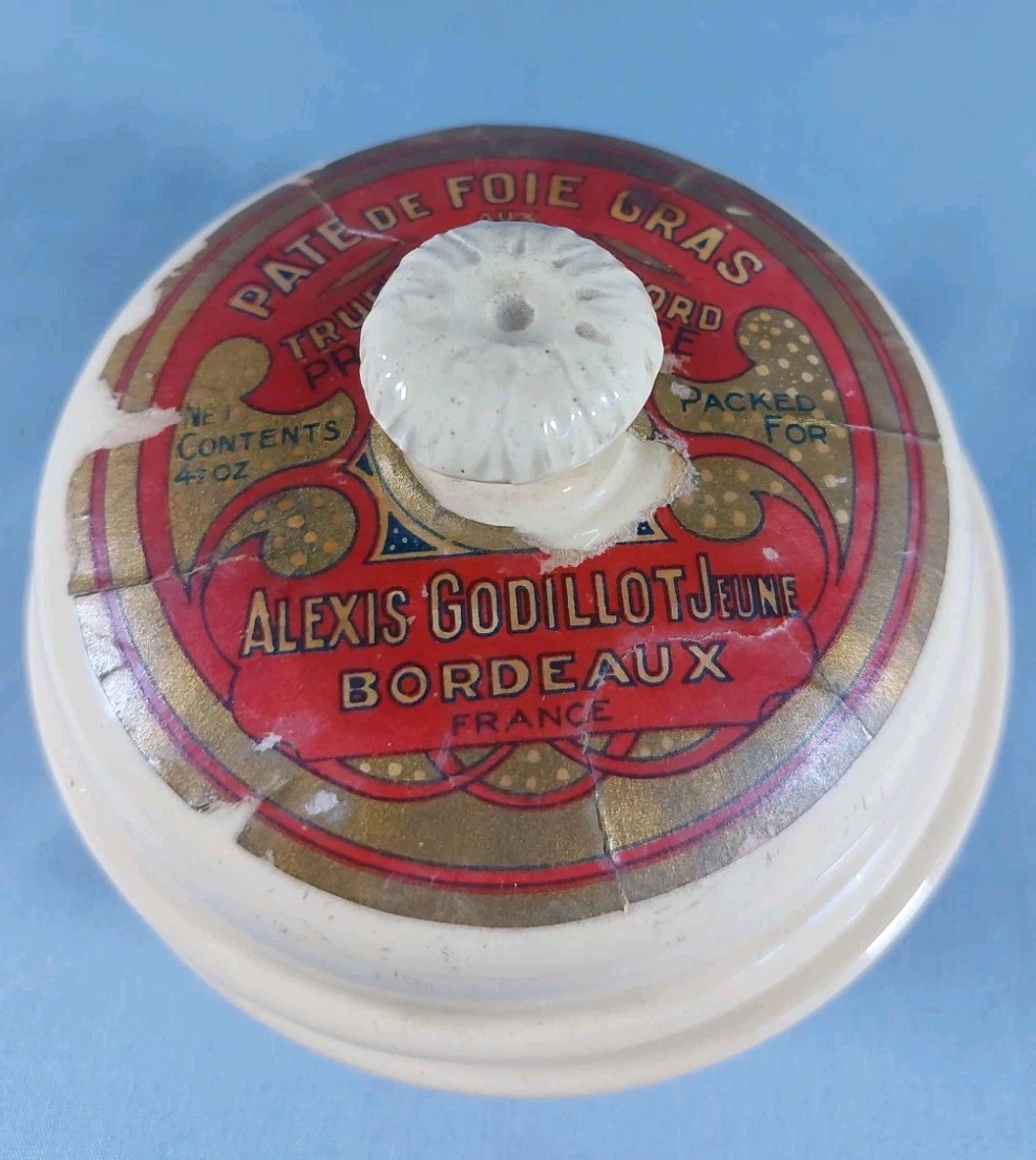 PATE DE FOIE GRAS ZFrench Porcelain Pot w/ lid & Lion Heads & Label PATE DE FOIE GRAS ZFrench Porcelain Pot w/ lid & Lion Heads & Label