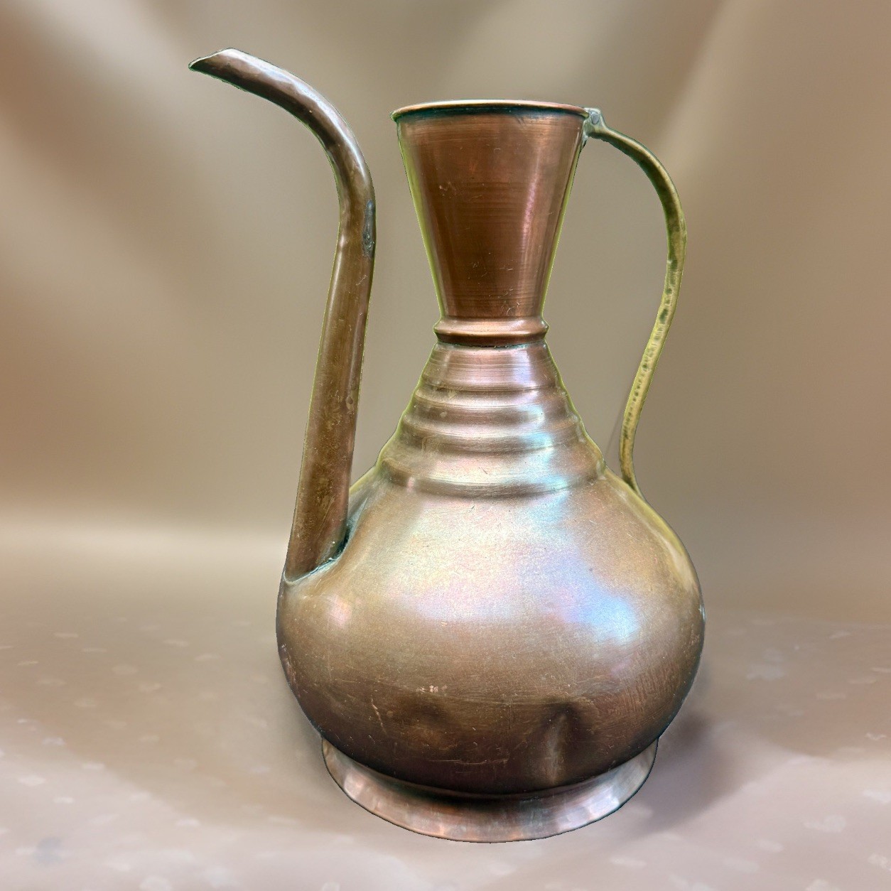 Antique Vintage Copper Ewer Pitcher Turkish Middle Eastern Jug Brass Handle 9.5”