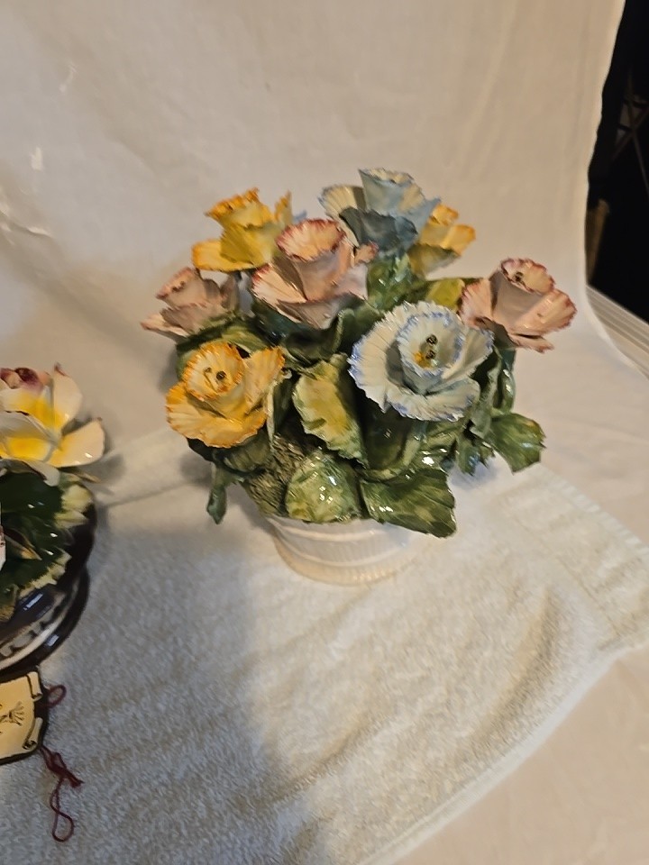 Vintage Large Capodimonte Floral Ceramic Flowers in bowl Art Centerpiece Italy Vintage Large Capodimonte Floral Ceramic Flowers in bowl Art Centerpiece Italy