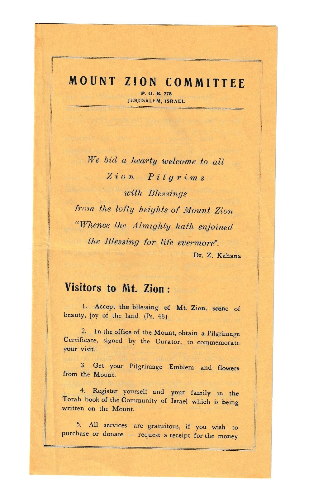 Vintage Mount Zion Committee Jerusalem Israel Pilgrim Pamphlet Brochure Ephemera