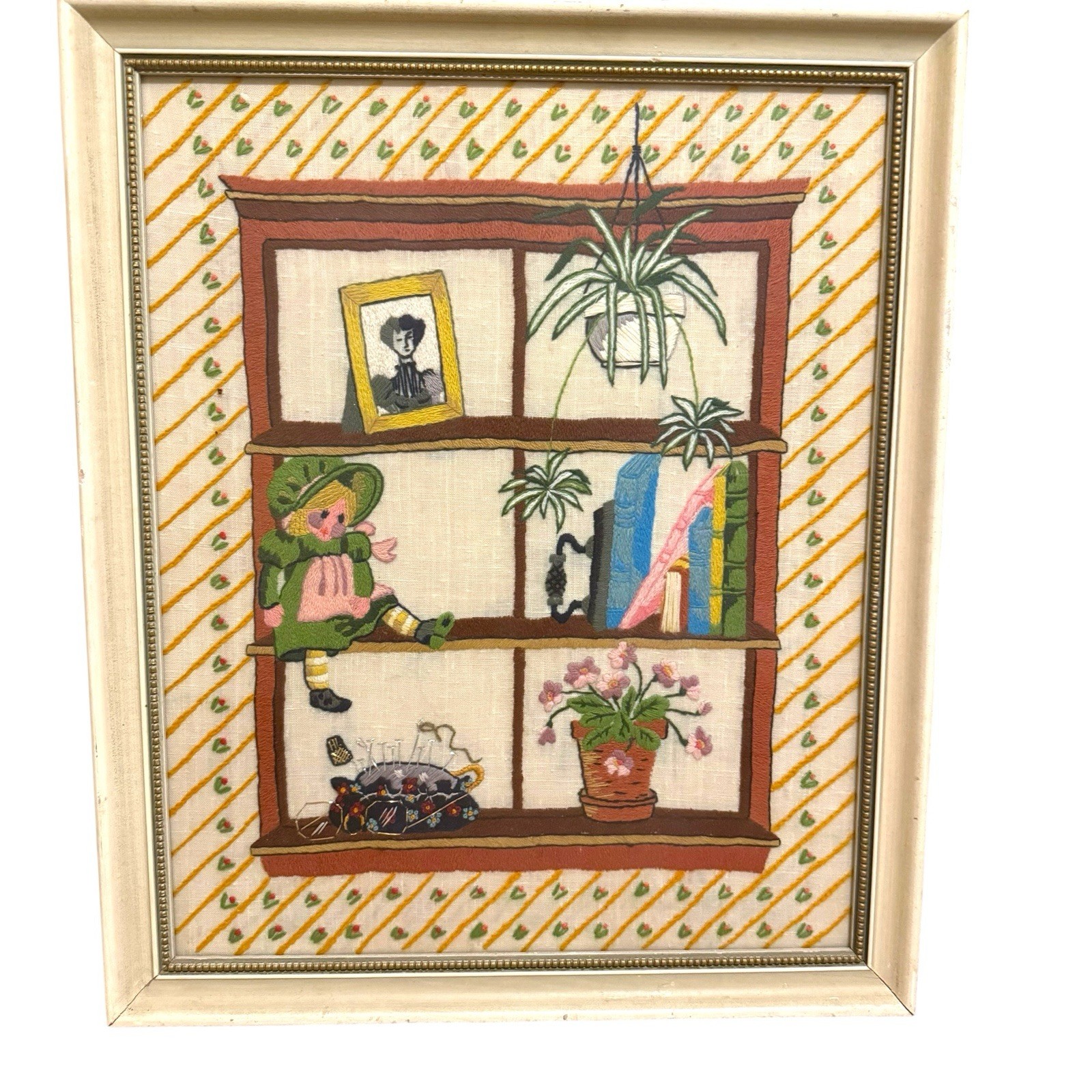 Vintage Yarn Crewel Embroidery Mod Mid Century Still Life Girls Wall Decor