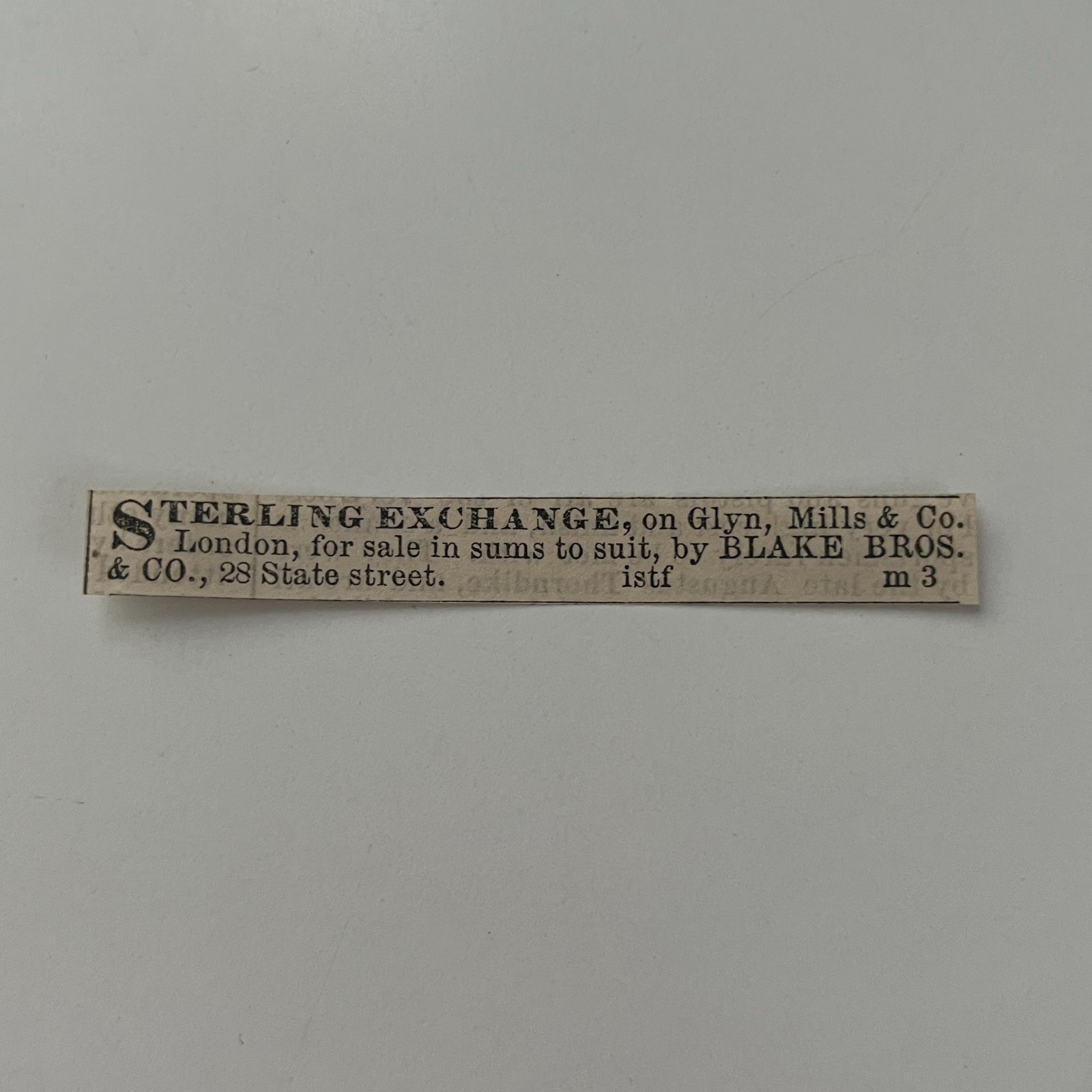 Blake Bros. & Co. Sterling Exchange Glynn Mills 1860 Boston Clipping TAJ7-S61 Blake Bros. & Co. Sterling Exchange Glynn Mills 1860 Boston Clipping TAJ7-S61