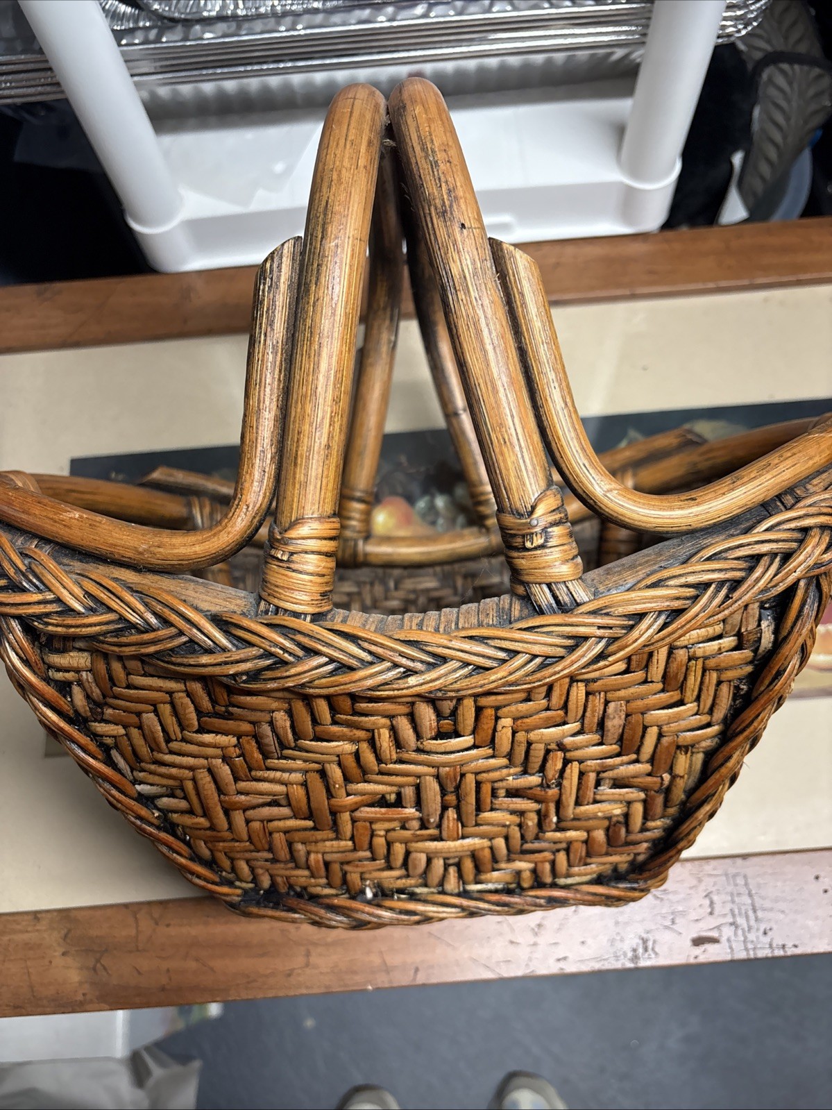 Vtg Brown Wicker Market Basket Large Handles Oval Cottage Core Gathering 15” Vtg Brown Wicker Market Basket Large Handles Oval Cottage Core Gathering 15”