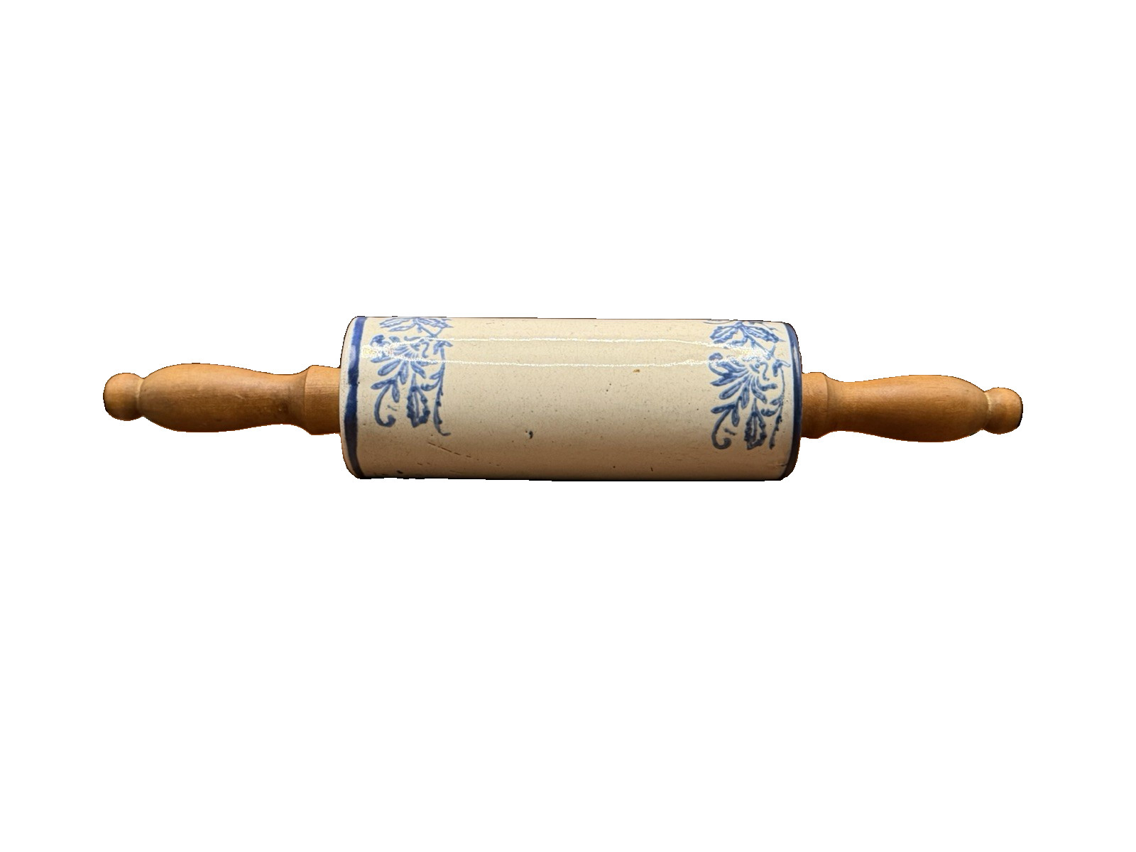 Antique Blue & White Stoneware Rolling Pin Wildflower Salt Glaze Wood Handles