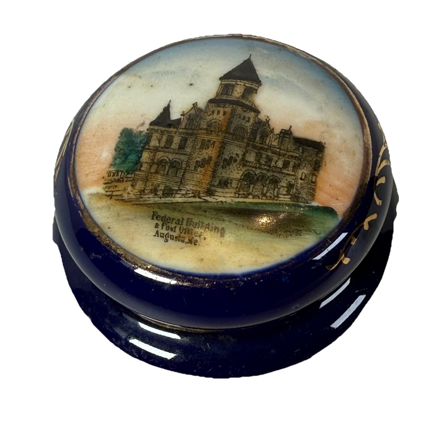 AUGUSTA MAINE ME Antique POST OFFICE Souvenir COBALT DRESDEN Trinket Box AUGUSTA MAINE ME Antique POST OFFICE Souvenir COBALT DRESDEN Trinket Box