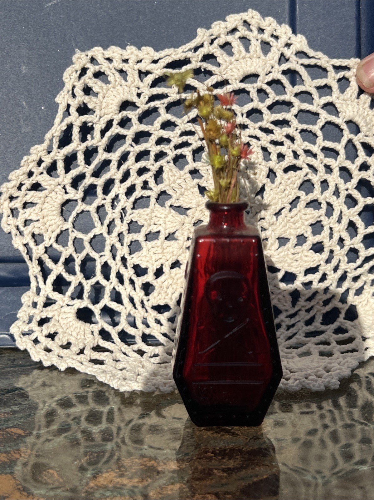 Vintage Wheaton Ruby Red Glass Poison Coffin Bottle RIP Skull Crossbones