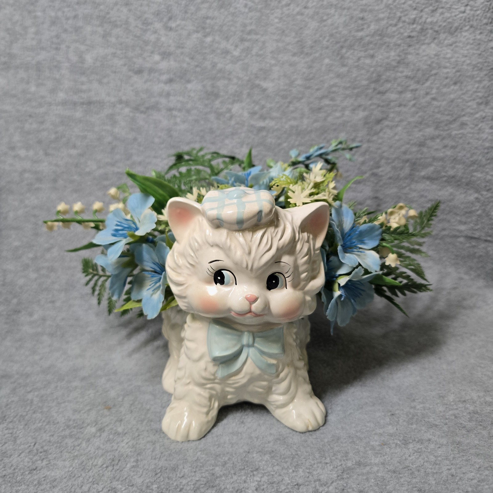 Vintage Ardco Japan Kitten Cat Planter 1960s Florist Flower Arrangement Blue Bow