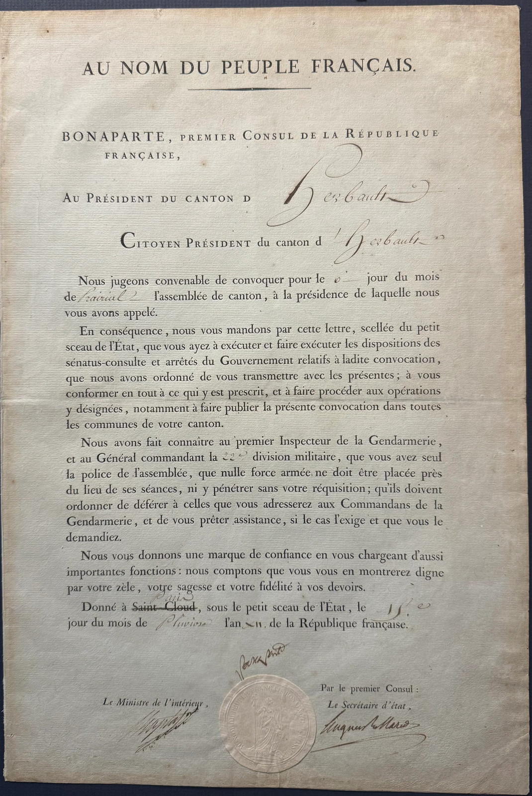 NAPOLEON BONAPARTE — 1803,1804 CANTON ASSEMBLY SUMMONS