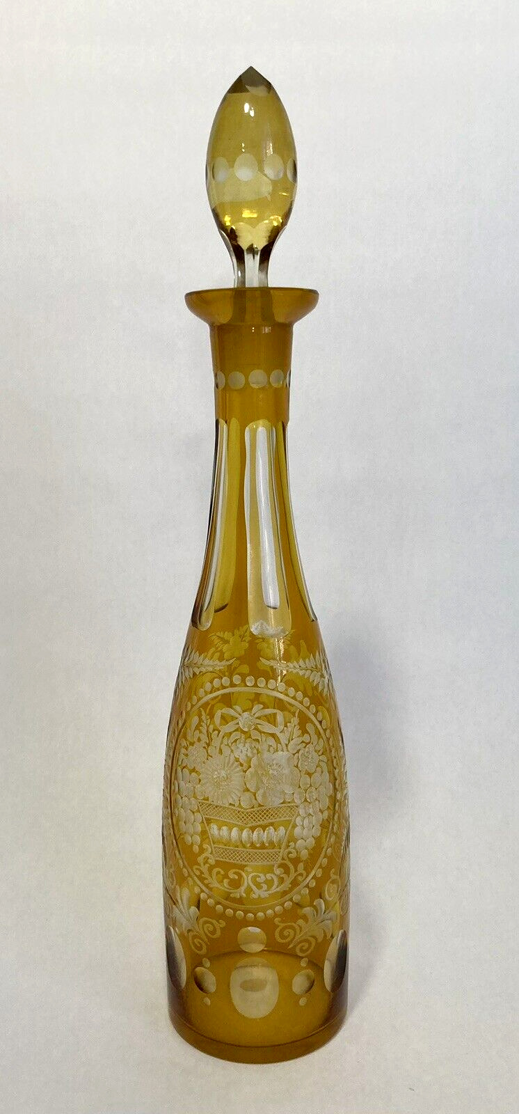 Egermann or Egermann Style Amber Etched Bohemian Tall Glass Decanter - GORGEOUS