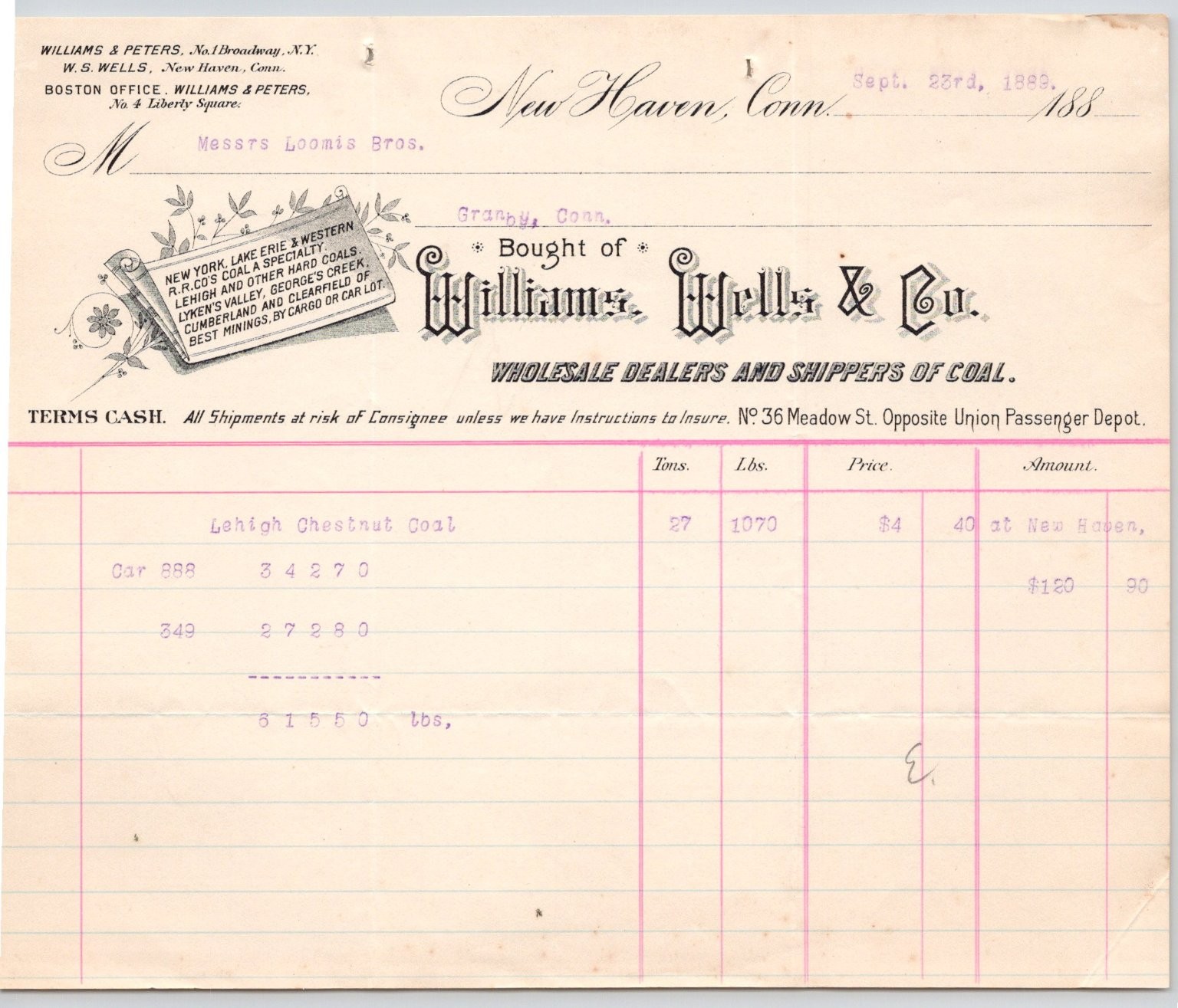1883 Williams Wells & Co New Haven CT Coal Invoice 7