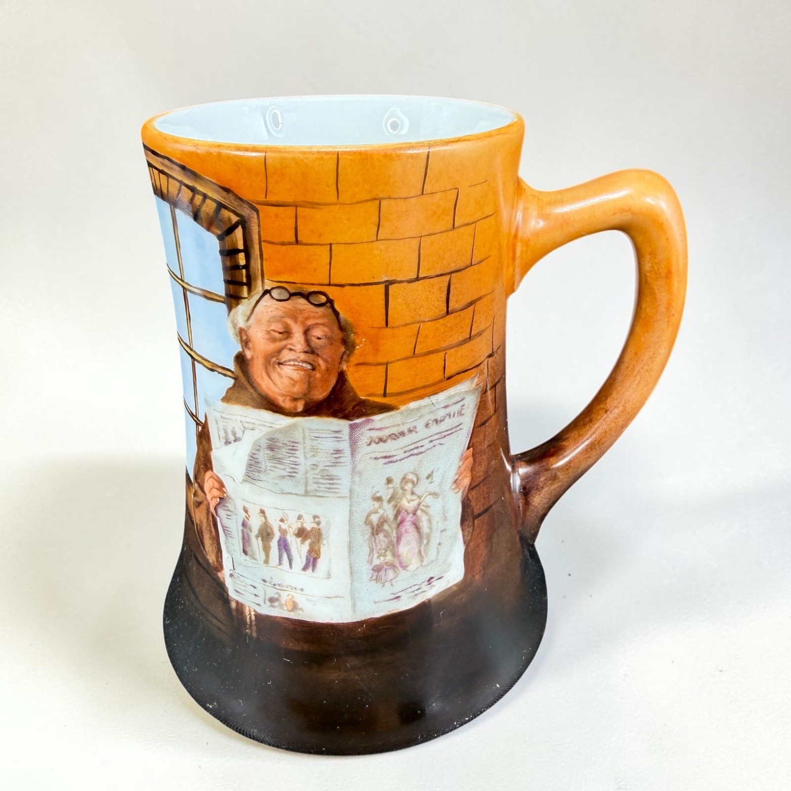 Antique J P L France Limoges Monk Reading Newspaper Mug Tankard 1909 5.5in