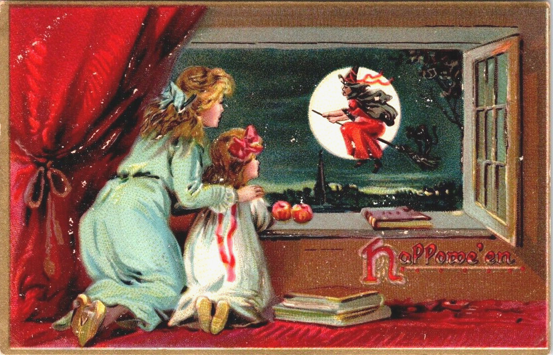 Antique Halloween Tuck Postcard Mom Daughter Window Witch Broom Full Moon 1910
